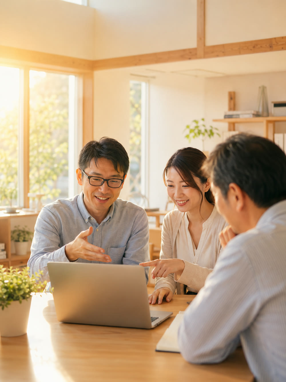 カフェのような雰囲気で相談に応じるアサヒ屋のミーティング風景